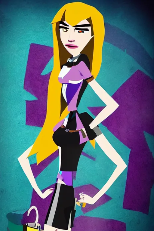Prompt: full - body film still of bella thorne as gwen from total drama island, teal hair, goth aesthetic, focus on facial details, focus on full - body, cinematic lighting, realistic shadows