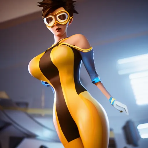 Image similar to tracer in a skintight dress, octane render, rendered in octane, highly detailed, unreal engine 5, rendered by octane engine, cgsociety, trending on artstation, cinematic lightning, volumetric lightning, highly detailed - s 1 5 0