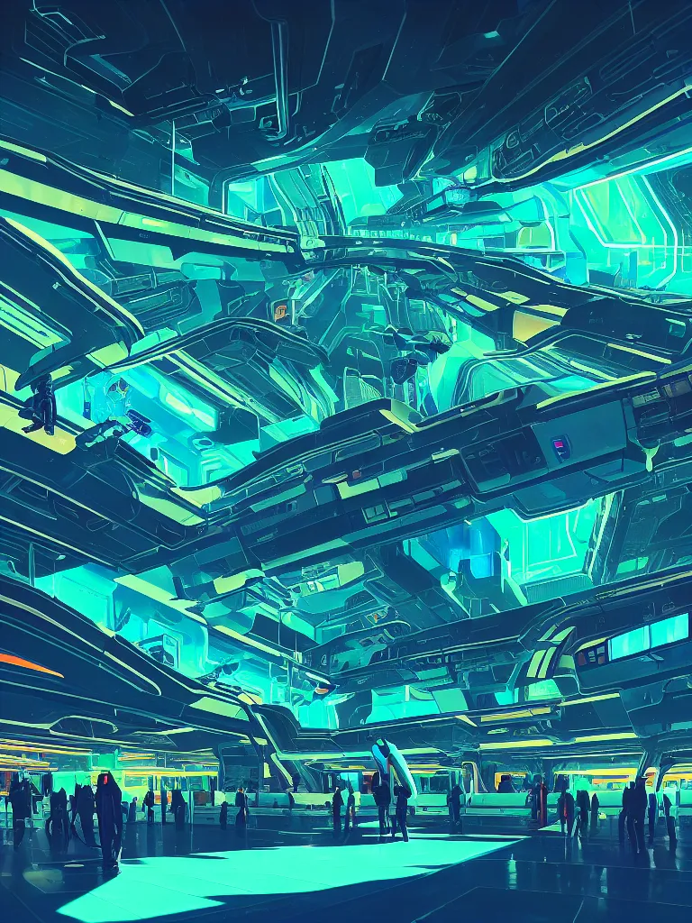 Image similar to the interior of a celestial spaceship cyberpunk airport with bioluminescent topaz teal green walls decorated beautifully, lots of cyberpunk design elements like humanoids and mecha robots, warm sunlight shining in, lots of cables and neon signs, concept art 8 k resolution, fantasy illustration, sharp focus, detailed painting, deep color, volumetric lighting, crepuscular rays