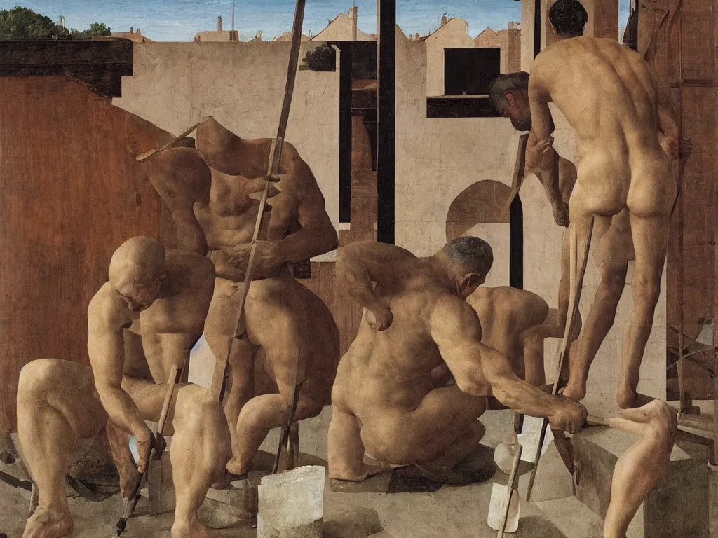 Prompt: The muscular worker renovating a house. Painting by Alex Colville, Piero della Francesca, Max Ernst.
