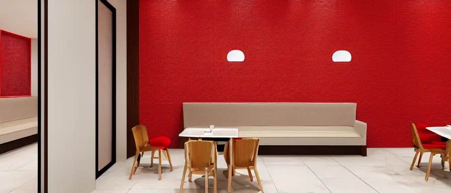 Image similar to a beautiful simple interior render of roasted string hotpot restaurant restaurant yan'an, wall corner, from china, red paper wall and white tile floor, with merchant logo, fine simple delicate structure, chinese style, simple composition, simple style structure decoration design, victo ngai, 4 k hd