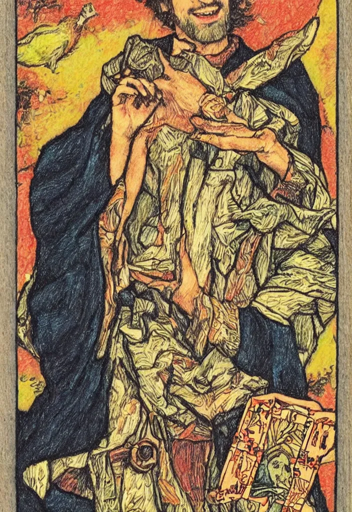 Image similar to Yoshua Bengio smiling drawn on the Tarot card. Illustration by preraphaelists.