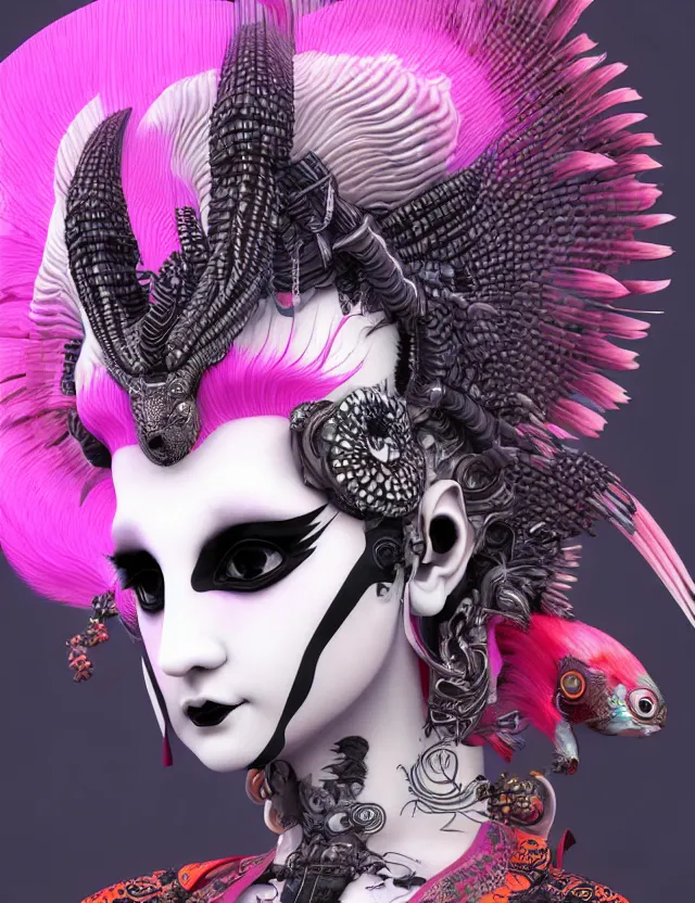 Image similar to 3 d goddess close - up profile portrait punk with mohawk with ram skull. beautiful intricately detailed japanese crow kitsune mask and clasical japanese kimono. betta fish, jellyfish phoenix, bio luminescent, plasma, ice, water, wind, creature, artwork by tooth wu and wlop and beeple and greg rutkowski