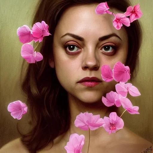 Image similar to pink petals with a ahape of a wonderful aubrey plaza and christina ricci and mila kunis and olivia newton john, intricate, elegant, highly detailed, wonderful eyes, sweet, digital painting, artstation, concept art, smooth, sharp focus, illustration, art by artgerm and greg rutkowski and alphonse mucha and william - adolphe bouguereau