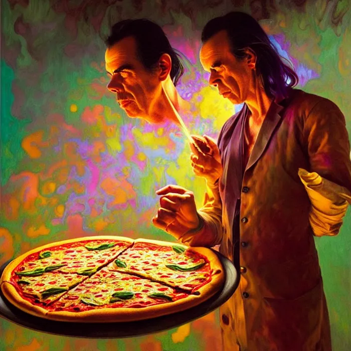 Image similar to bright psychedelic portrait of nick cave baking a pizza, diffuse lighting, fantasy, intricate, elegant, highly detailed, lifelike, photorealistic, digital painting, artstation, illustration, concept art, smooth, sharp focus, art by John Collier and Albert Aublet and Krenz Cushart and Artem Demura and Alphonse Mucha