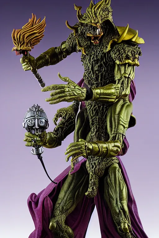 Image similar to a hyperrealistic rendering of an epic boss fight against an ornate supreme dark overlord by art of skinner and richard corben, product photography, collectible action figure, sofubi