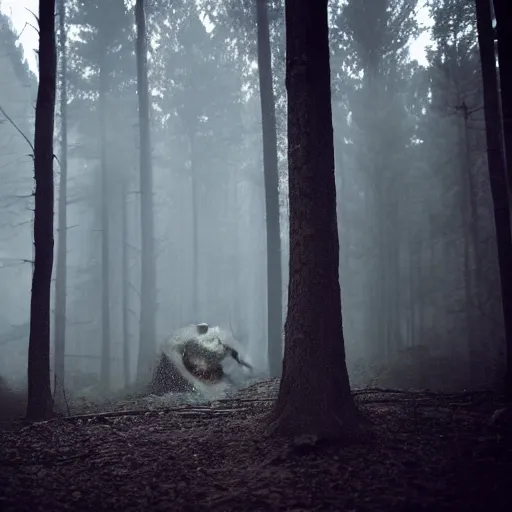 Image similar to photo of a scary horror obese monster roaring in the dark woods