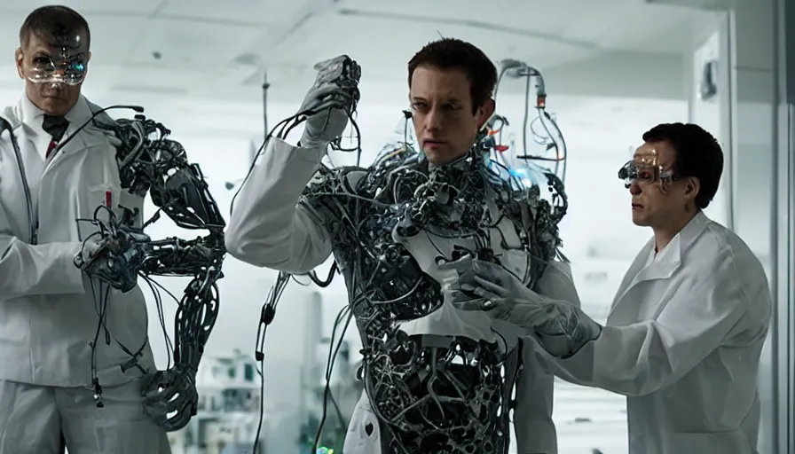 Image similar to big budget action movie about scientists building a cyborg.