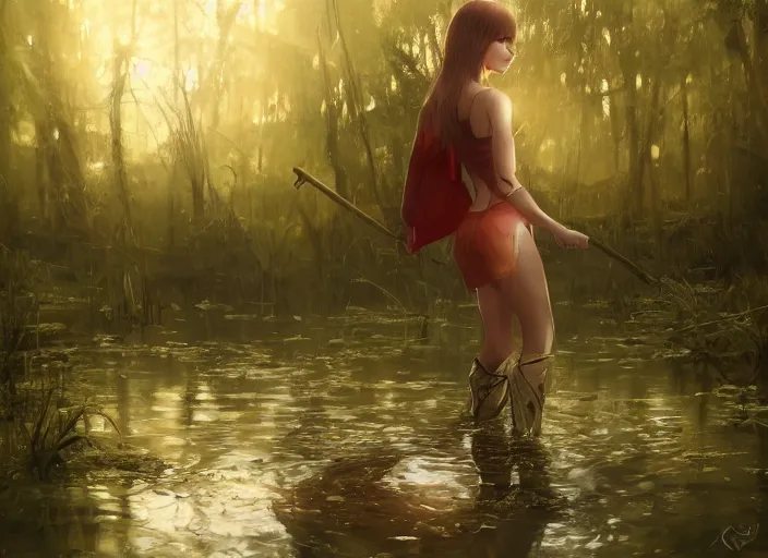 Image similar to glowing girl wading through swamp carrying a red flag , DSLR 85mm, by Craig Mullins, ilya kuvshinov, krenz cushart, artgerm, Unreal Engine 5, Lumen, Nanite