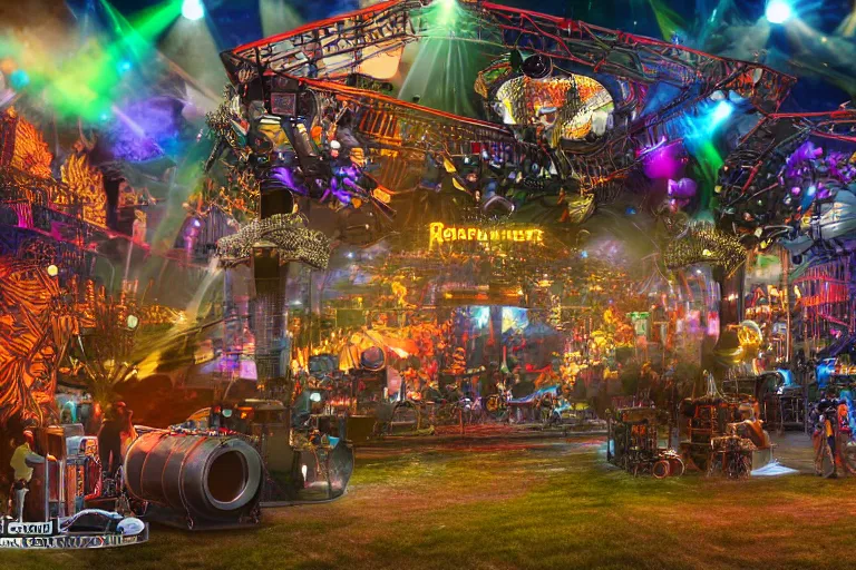 Image similar to an outdoor festival stage with audience, on stage is a rockband with 3 steampunk robots with guitars and drums, center of the stage is a big steampunk generator, laser show, 8 k, fluorescent colors, halluzinogenic, multicolored, exaggerated detailed, unreal engine, 8 0 mm lens