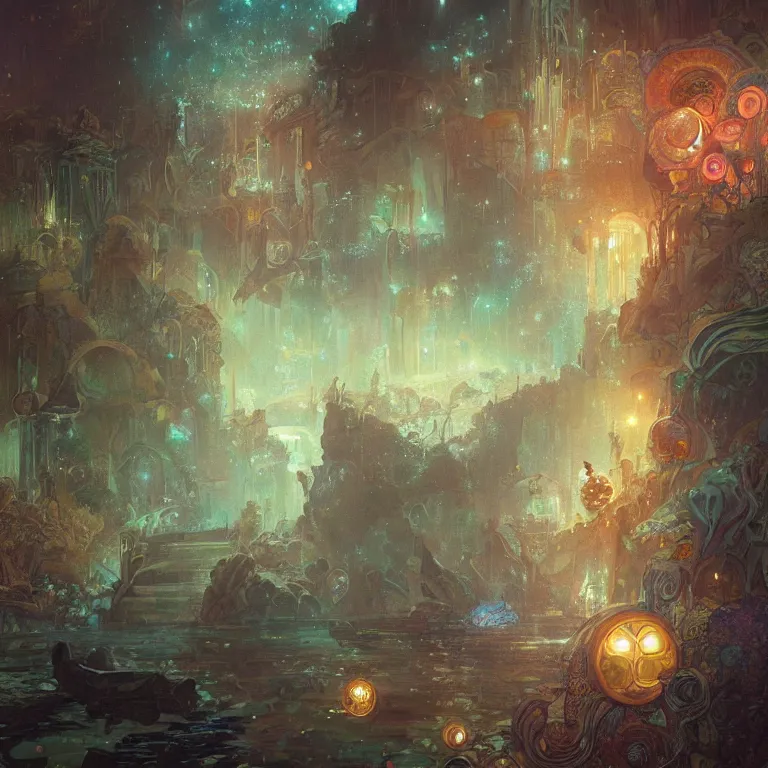 Prompt: a beautiful painting of the city of atlantis, underwater with glowing lights, corals and jellyfish, with the night sky with stars above, intricate, elegant, highly detailed, digital painting, artstation, concept art, by krenz cushart and artem demura and alphonse mucha