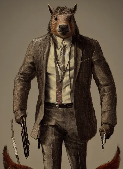 Prompt: detailed full body concept art illustration oil painting of an anthropomorphic capybara as john wick in full intricate clothing, biomutant, dystopian, ultra detailed, digital art, octane render