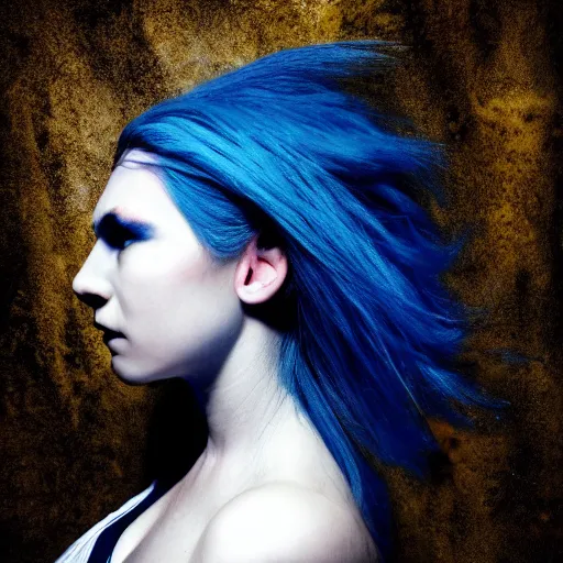 Prompt: portrait of young girl half dragon half human , dragon skin, dragon eyes, dragon crown, blue hair, long hair, By David Lynch