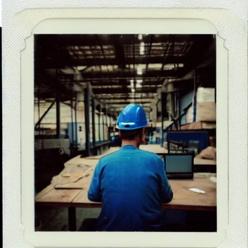 Prompt: a polaroid photo of man using a laptop inside in warehouse, he sitting on chair and small table, he's wearing blue cloth and construction hat behind him is a very scary monster, photo from behind, highly details, perfect face shape, cinematic lighting,