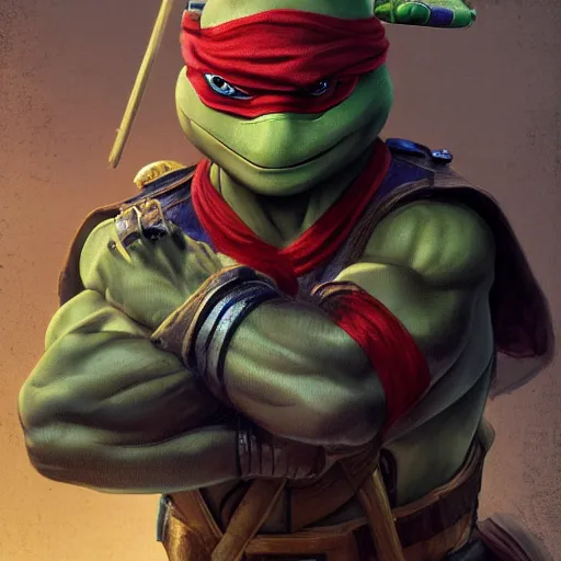 Image similar to teenage mutant ninja turtle, handsome, portrait, intricate, detailed, volumetric lighting, scenery, digital painting, highly detailed, artstation, sharp focus, illustration, concept art, ruan jia, steve mccurry