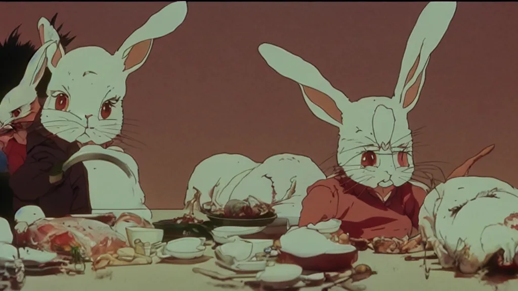 Prompt: a rabbit being butchered, anime film still from the an anime directed by Katsuhiro Otomo with art direction by Salvador Dalí, wide lens