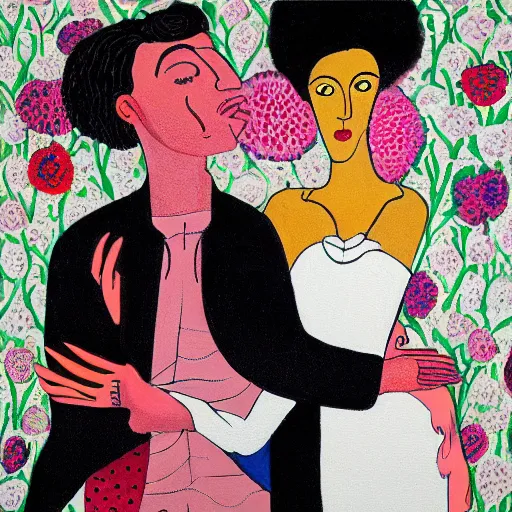 Prompt: A beautiful painting of a man and a woman in a passionate embrace. The woman is wearing a white dress and the man is wearing a black suit. They are surrounded by a crowd of people who are cheering and clapping. alizarin, ensō, cool red by Grayson Perry, by Nagel Patrick rendered in octane, eclectic