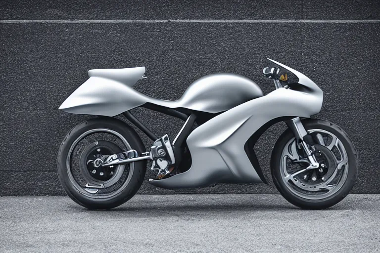 Prompt: A professional garage photograph of a futuristic super bike made of a slick metallic substance.