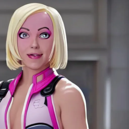 Image similar to A still of Gwenpool in Deadpool 3 (2023), blonde hair with pink highlights, no mask, white and light-pink outfit, smiling and winking at the camera