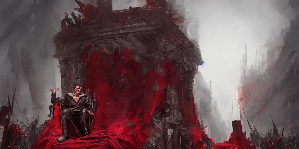 Image similar to the end is near. a tired julius caesar is sitting on his throne. face is highly detailed. splices of red are running down his toga. mist. color scheme red. low angle medium shot. imagined by greg rutkowski and andreas rocha