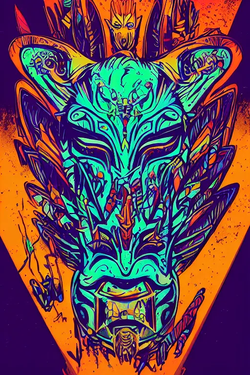 Image similar to totem animal mask tribal feather gemstone plant wood rock shaman vodoo video game vector illustration vivid multicolor borderlands comics by josan gonzales and dan mumford radiating a glowing aura