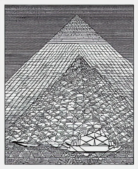 Image similar to realistic space mothership in the shape of pyramid with book tractor beam on white background, art by james o barr and albrecht durer, woodblock print, engraved, black and white, vector, vector art