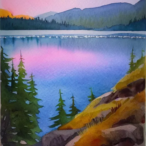 Prompt: alpine lake. bautiful sunrise. watercolor. trending on artstation