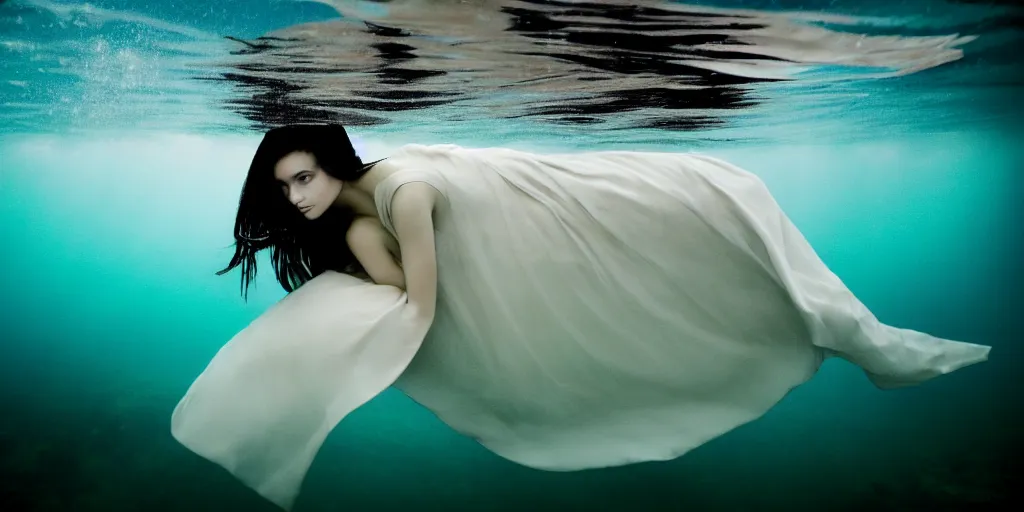 Image similar to underwater photography in large atmospheric pool of beautiful model in flat dress by emmanuel lubezki