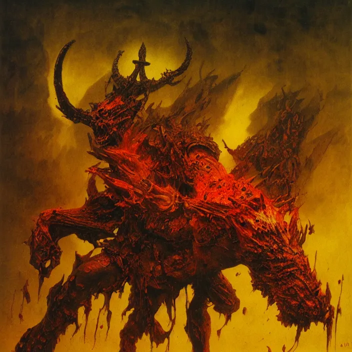 Image similar to demonic berserker in hellish armor, muscular body, demon, balrog, beksinski