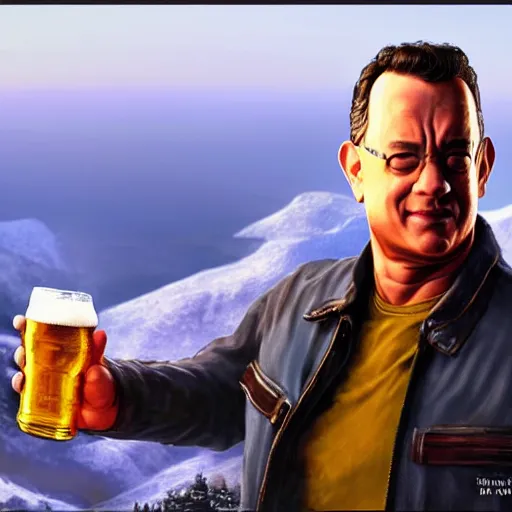 Image similar to Tom hanks at the top of a mountain, scenic view, holding a beer!!, digital art, gta 5 cover art, trending on artstation