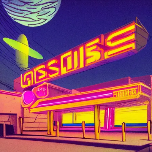Prompt: Liminal space in outer space, Googie Kitsch aesthetic, colorful, isometric, at night with neon lights