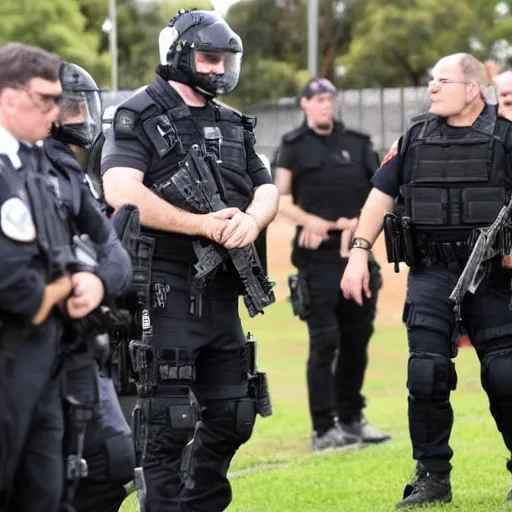 Prompt: evil dan andrews melbourne premier surrounded by swat team