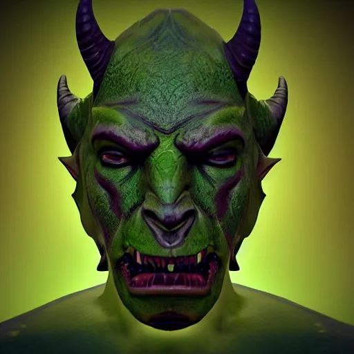 Prompt: a yellow - eyed orc, green skin devilish horns etched with geometric maze paint, fantasy, trending on artstation, unreal engine