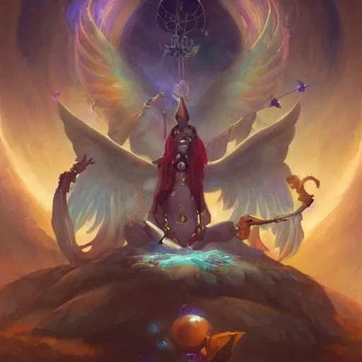 Image similar to angelical time keepers performing a ritual of planetary sacrifice, emotional, fantastic, stars, detailed, digital art, artstation by peter mohrbacher and artgerm, league of legends splash art