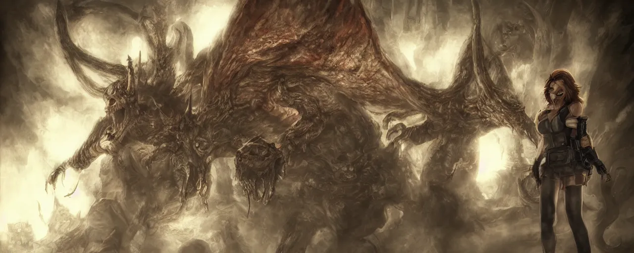 Image similar to concept art of maria hiding from bowser with huge horns and scales and talons, resident evil, horror, occult, terror, mist, volumetric render, digital painting, detailed painting