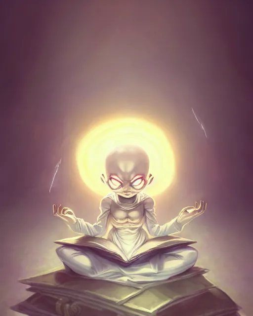 Prompt: a tiny adorable demon meditating, wrapped in sacred parchment with glowing text, smooth, intricate, elegant, digital painting, artstation, power runes, pulsing energy, concept art, sharp focus, octane render, illustration, art by shintaro kago and james jean, overwatch character,