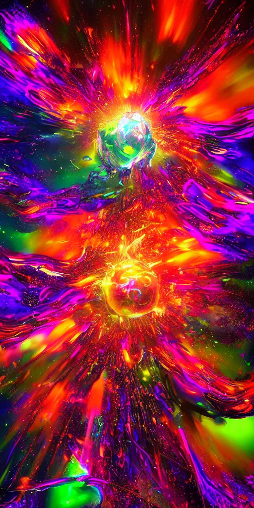 Prompt: impossibly beautiful cosmic energy release, explosion, intricate complexity, psychedelic glitch art, neon paint drip, inverted color scheme, trending on art station, photoreal, 8 k, octane render