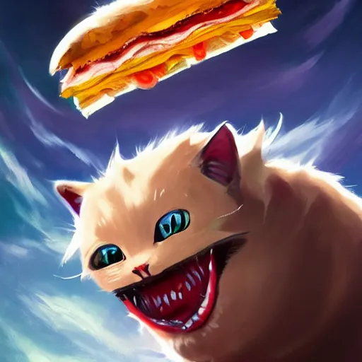 Image similar to deeply scared cat running away from the giant carnivorous sandwich, artstation hq, dark phantasy, stylized, symmetry, modeled lighting, detailed, expressive, true unsimulated emotions, created by hayao miyazaki