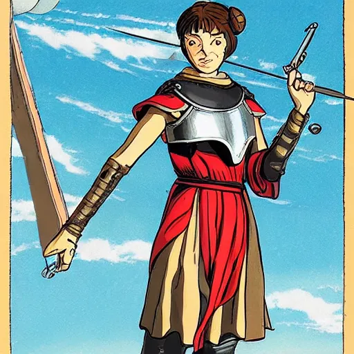 Prompt: An epic fantastic realism comic book style painting of a medieval woman ship pilot, wearing shiny breastplate, ship at sea, studio ghibli, dynamic lighting