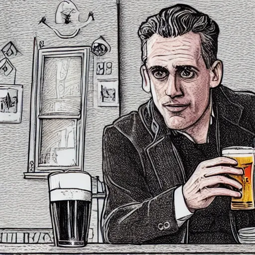 Prompt: jordan peterson drinking a delicious pint in a english - style pub, warm lighting, cozy, inviting, photo realistic, cinematic lighting, pen and ink, intricate line