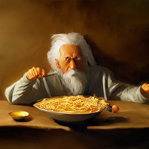 Image similar to painting of a mysterious old wizard summoning a bowl of pasta, atmospheric, oil painting, concept art, highly detailed