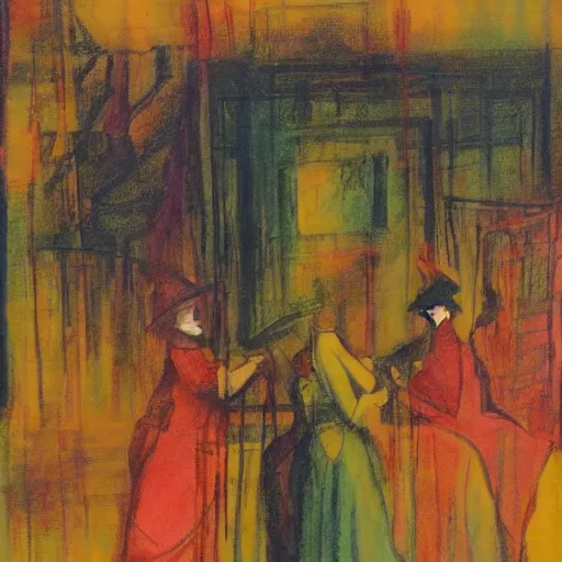 Image similar to a panting about victorian society, drawn in abstract with warm colors, with lines drawn straight with penned ink