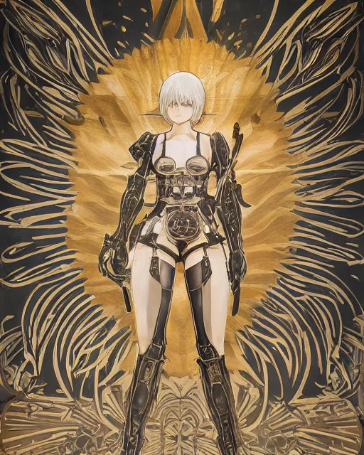 Prompt: hybrid nierautomata painting, sun rays, angel relief, infinitely detailed architectures