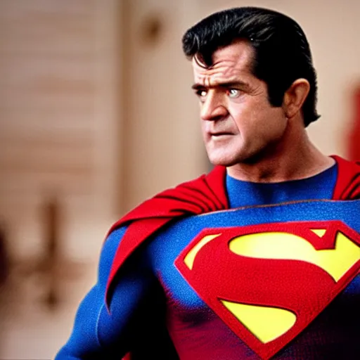 Image similar to Mel Gibson as superman, movie still, 4K, high quality