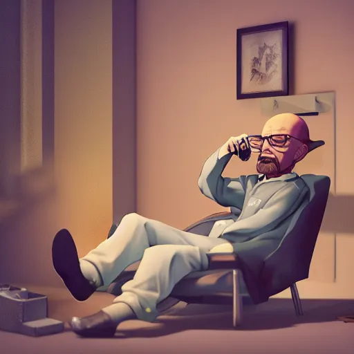 Image similar to nighttime, a beautiful anime walter white enjoying a cup of tea while sitting in a reclining chair, anime, extreme detail, photorealism, octane render, cinematic lighting