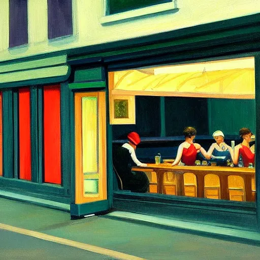 a painting of a restaurant inspired by Edward Hopper, Stable