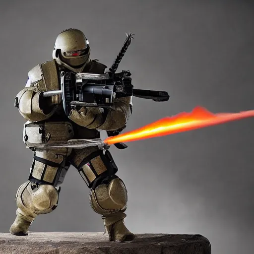 Image similar to angry man in juggernaut armor burning a desktop tower pc with a military flamethrower