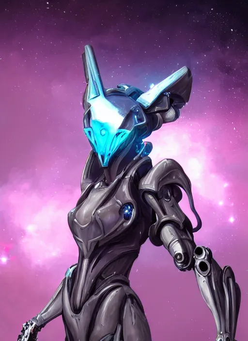 Image similar to cinematic shot, cosmic sized perfectly proportioned stunning beautiful hot female warframe, robot mecha female dragon head, mecha dragon maw, silver armor, fuschia leds, floating in empty space, nebula sized, holding a galaxy, epic proportions, epic size, epic scale, furry art, dragon art, giantess art, warframe fanart, furaffinity, deviantart