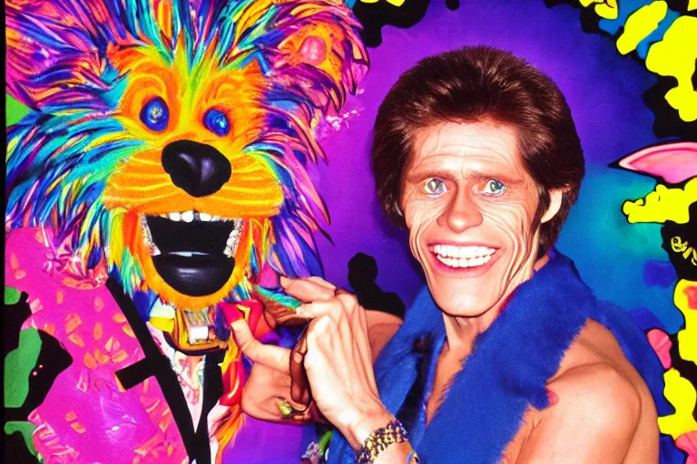 Image similar to lisa frank painting of willem dafoe at showbiz pizza 1 9 8 9