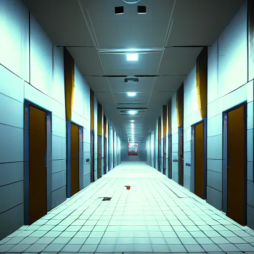 Prompt: lonely hallways of underground lab, sterile, clean, cinematic, liminal space, unreal engine, in-game screenshot